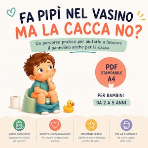 Può includere: Un'illustrazione digitale che ritrae un bambino seduto su un vasino verde con il testo FA PIPI NEL VASINO MA LA CACCA NO. Include una paperella di gomma gialla, un rotolo di carta igienica e icone che rappresentano risorse PDF stampabili per bambini.
