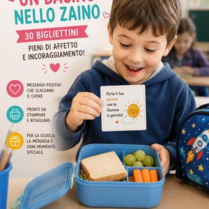 Può includere: Un set di 30 bigliettini stampabili intitolati UN BACINO NELLO ZAINO, con messaggi positivi come Porta il tuo sorriso con te: illumina la giornata. I biglietti sono pronti da stampare e ritagliare, pensati per la scuola, la merenda e momenti speciali.