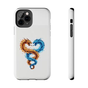 May include: A white smartphone case featuring a graphic of two intertwined dragons, one in orange and yellow flames and the other in blue flames, forming a heart shape. The case is shown from both the back and the side, displaying a black camera bezel.
