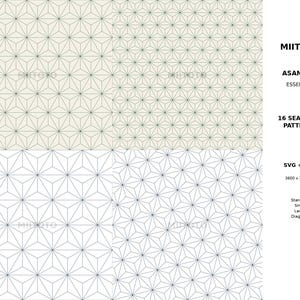 May include: A digital collection of 16 seamless Asanoha patterns in SVG and PNG formats, featuring geometric star designs in dark green and blue lines on light beige and white backgrounds, with text labels including MIITOTO and 3600 x 3600 px.