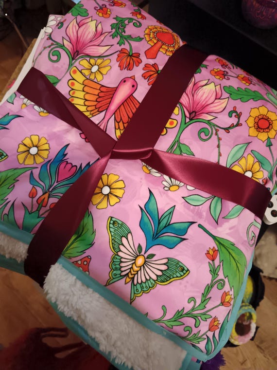 Delux velvet and sherpa fleece throw. Froral pink large hippie boho yoga festival blanket