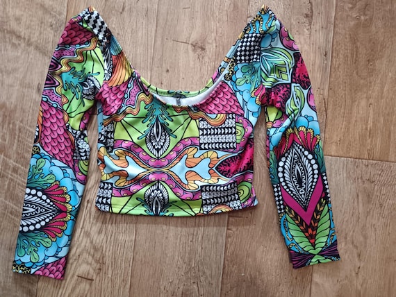 Meli rainbow crop top with sleeves festival boho hippie yoga rave.