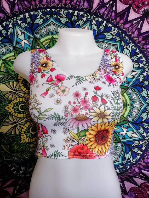 White flower floral crop top festival boho hippie yoga rave.