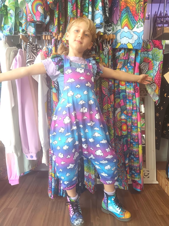 Kids Cloud print rainbow unisex festival romper jumpsuit. Sophie Nina.