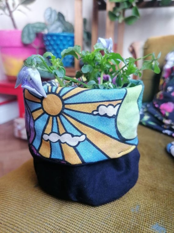 Fabric plant pot cover. Rainbow print organic cotton. Pen holder  hippie house plant boho