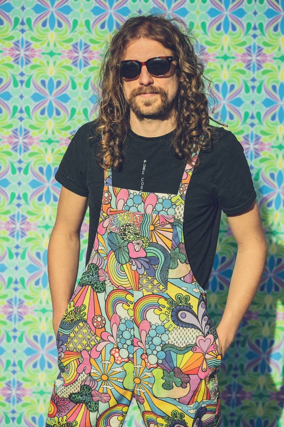 Rainbow Joy organic dungarees. Psychedelic hippie festival.