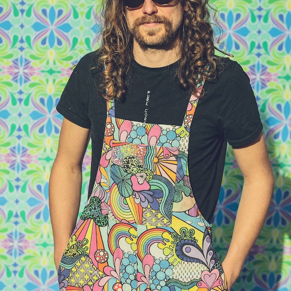 Rainbow Joy organic dungarees. Psychedelic hippie festival.