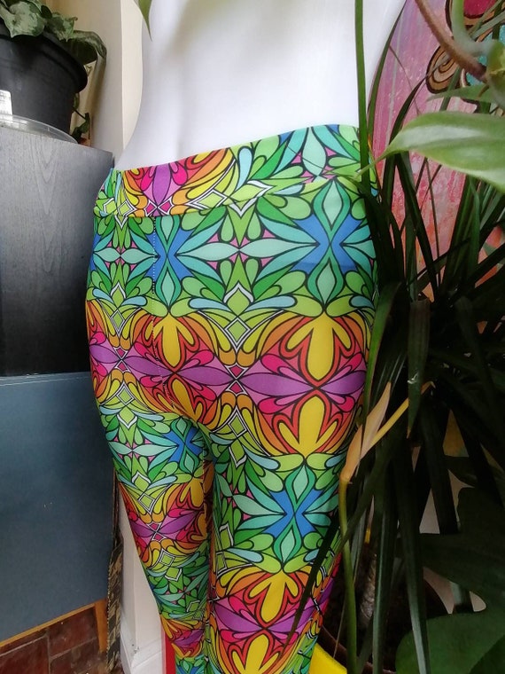 High waisted leggings, eco recycled spandex, rainbow Goddess print. festival boho hippie yoga