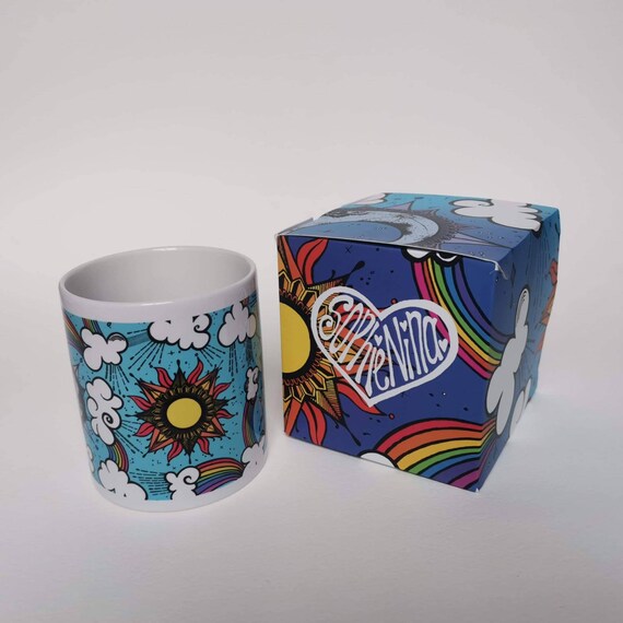 Mug with box rainbow sun and moon print. Festival boho hippie yoga