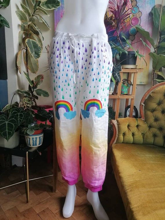 Handpainted linen upcycled rainbow pants. Hippie festival