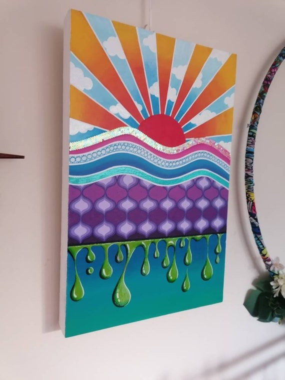 Painting sunset trippy rainbow art. Psychedelic Hippie boho yoga festival.