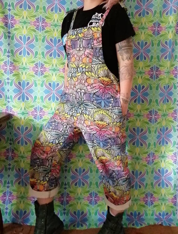 Rainbow Lumi organic dungarees. Psychedelic hippie festival. Sophie nina