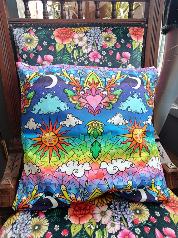 Organic Cotton Cushion Cover: Rainbow Hippie 'Happy Place' Print (45x45cm)