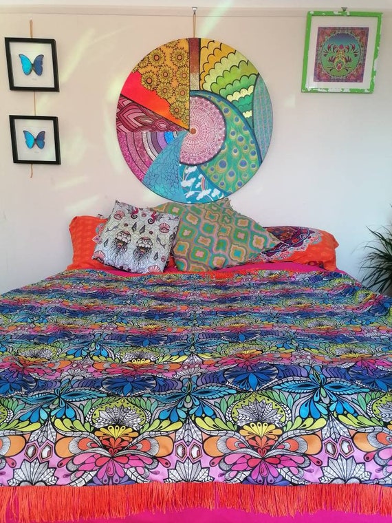 Delux organic Lumi throw with orange trim. Rainbow mandala large hippie boho yoga festival