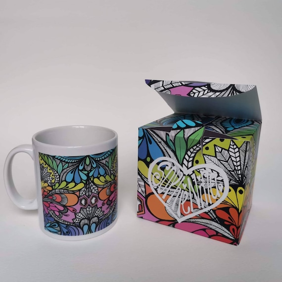 Mug with box. Rainbow phsychedelic 'Lumi' print. Festival hippie yoga