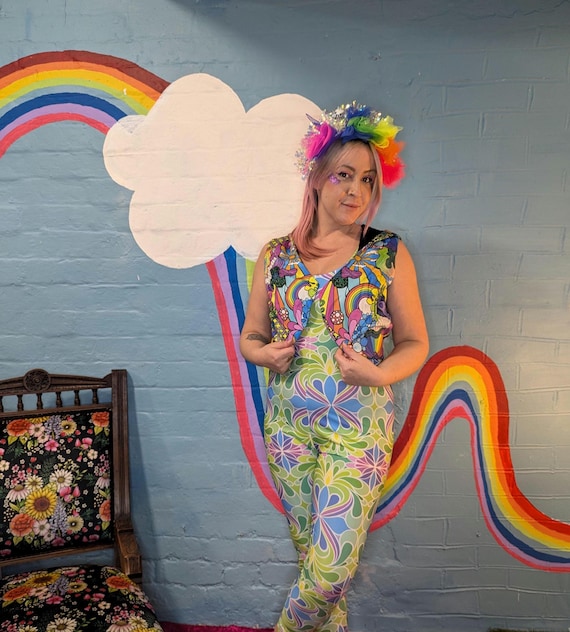 Organic rainbow JOY waistcoat/bolero with hood. Festival, rave hippie psychedelic trippy