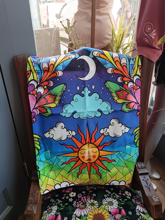 Organic cotton tea towel. Happy sun, moon, rainbow. Sophie Nina. Festival psychedelic hippie.