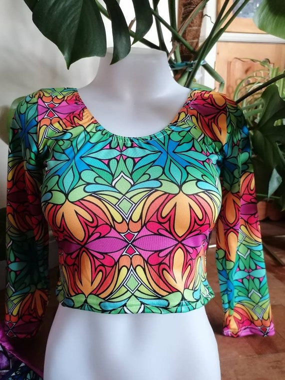 Goddess rainbow crop top with sleeves festival boho hippie yoga rave.