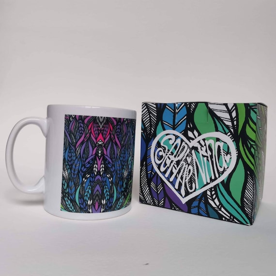 Mug with box Rainbow Feather print. Festival boho hippie yoga