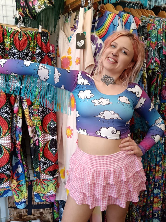Cloud ombre blue and purple crop top with tassels.