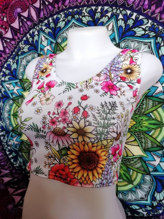 White flower floral crop top festival boho hippie yoga rave.