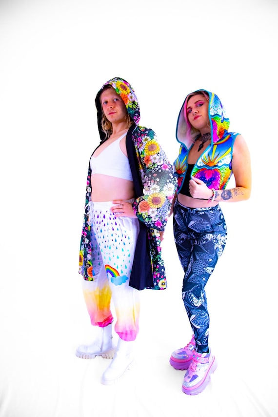 Velvet and wool rainbow Shine waistcoat/bolero with hood. Festival, rave hippie psychedelic trippy