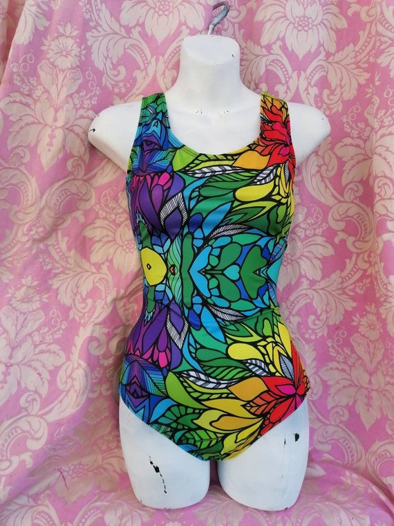 Swimming costume leotard- eco recycled lycra- rainbow festival boho hippie yoga rave
