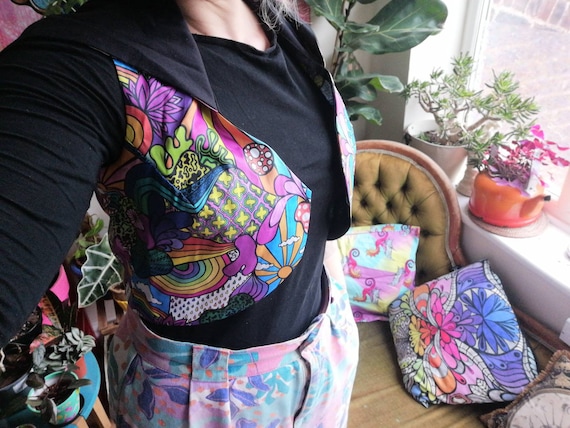 Organic rainbow JOY waistcoat/bolero with hood. Festival, rave hippie psychedelic trippy