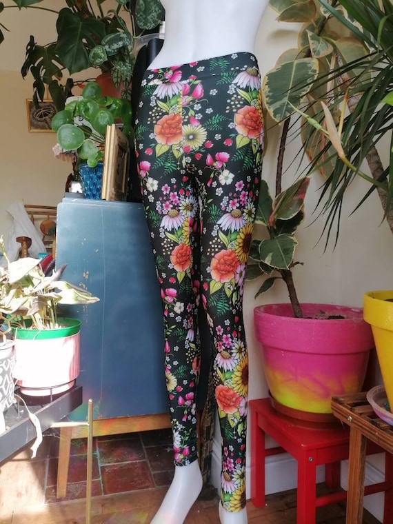 High waisted leggings, eco recycled lycra, black floral print festival boho hippie yoga botanical