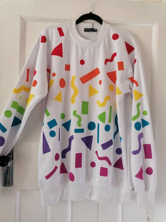 Handpainted jumper with rainbow shapes art. Hippie festival boho