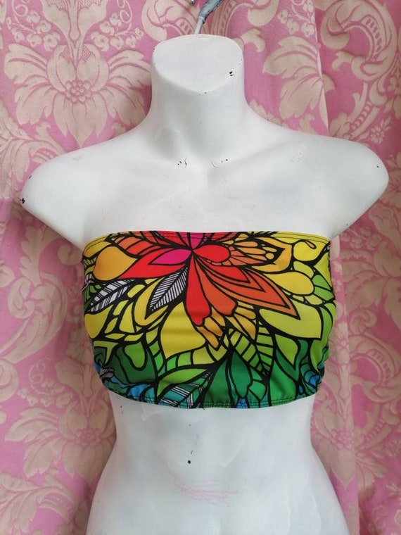 Boob tube bandeau top - eco recycled spandex- Rainbow Eden print festival boho hippie yoga