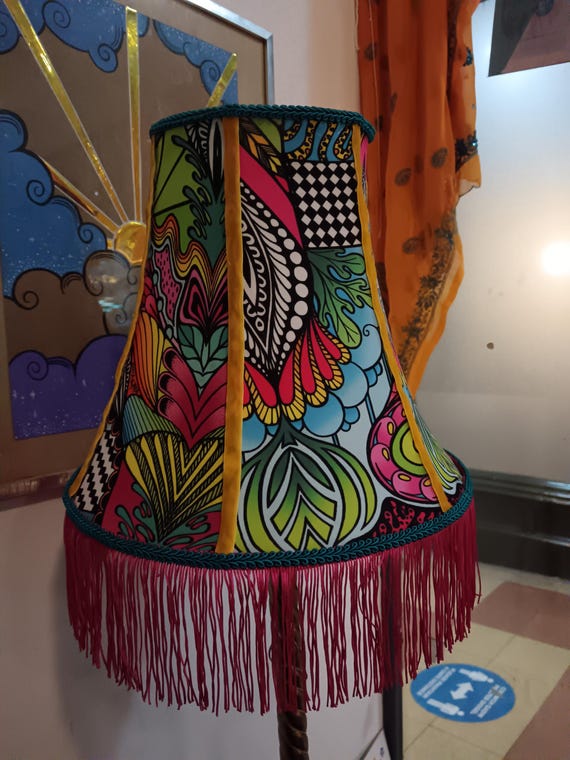 Rainbow patterned lampshade with tassles, sophie nina. hippy, Festival, boho, dopamine, rainbow