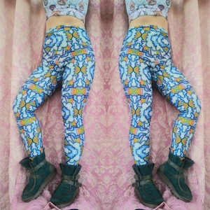 High waisted leggings, eco recycled spandex, rainbow &#39;Cloud&#39; print festival boho hippie yoga