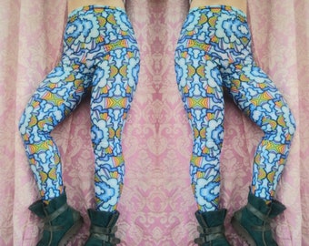 High waisted leggings, eco recycled lycra, rainbow 'Cloud' print festival boho hippie yoga