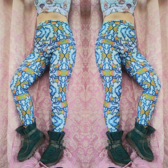 High waisted leggings, eco recycled lycra, rainbow 'Cloud' print festival boho hippie yoga