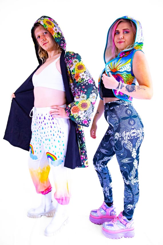 Organic Cotton Floral Robe Kimono Duster with Hood: Boho Rave Festival