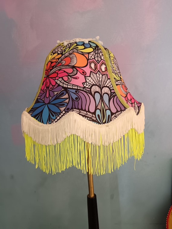 psychedelic patterned rainbow lampshade with tassels. sophie nina lumi