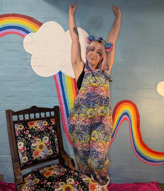 Rainbow Lumi organic dungarees. Psychedelic hippie festival. Sophie nina