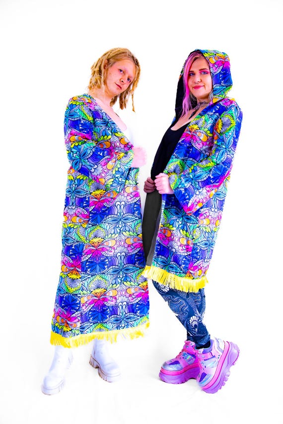 Organic Cotton Rainbow Print Hooded Robe: Boho Festival Duster