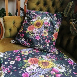 Floral Cushion Cover: Black Flower Print, Boho Decor (45 x 45cm)
