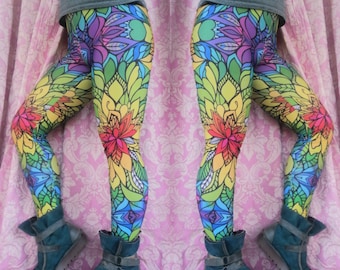 High waisted leggings, eco recycled lycra, rainbow 'Eden' print festival boho hippie yoga
