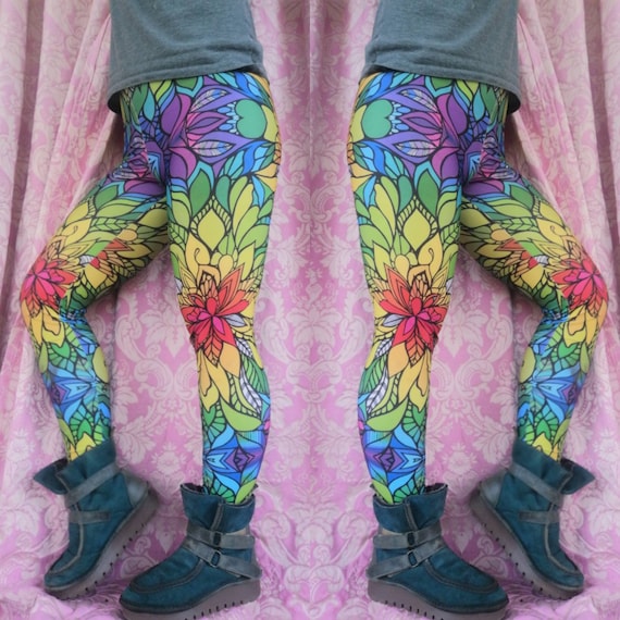 High waisted leggings, eco recycled lycra, rainbow 'Eden' print festival boho hippie yoga