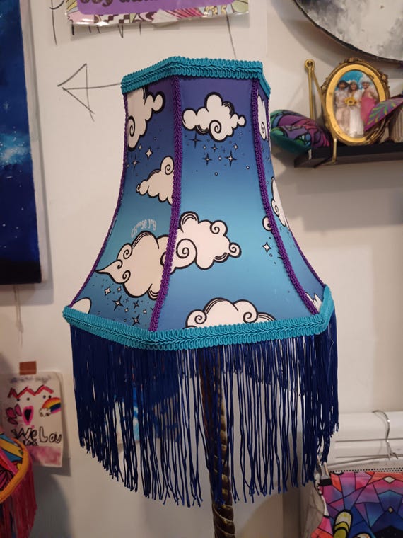 psychedelic patterned rainbow lampshade with tassels. sophie nina sky