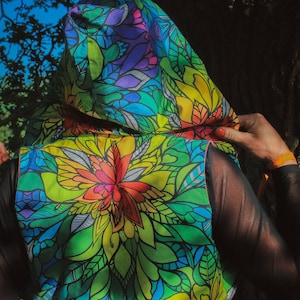 Organic rainbow Eden waistcoat/bolero with hood. Festival, rave hippie