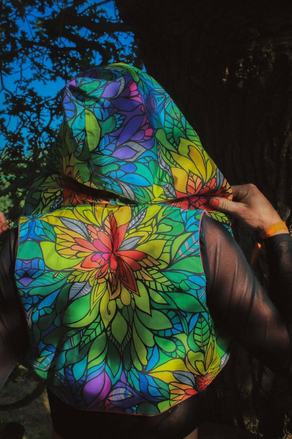 Organic rainbow Eden waistcoat/bolero with hood. Festival, rave hippie