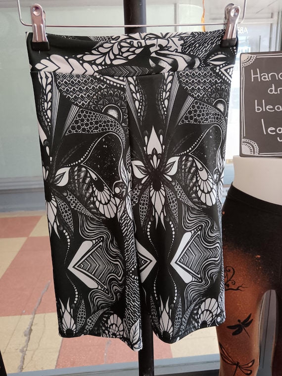 High Waisted Cycling Shorts: Recycled Spandex, Black and White Mandala