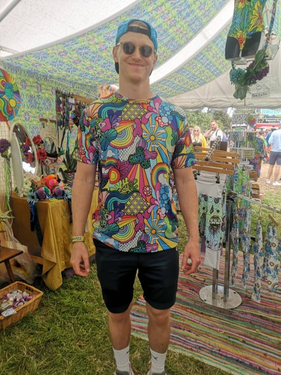 Tshirt JOY rainbow Psychedelic - recycled plastic. Festival boho hippie yoga rave unisex