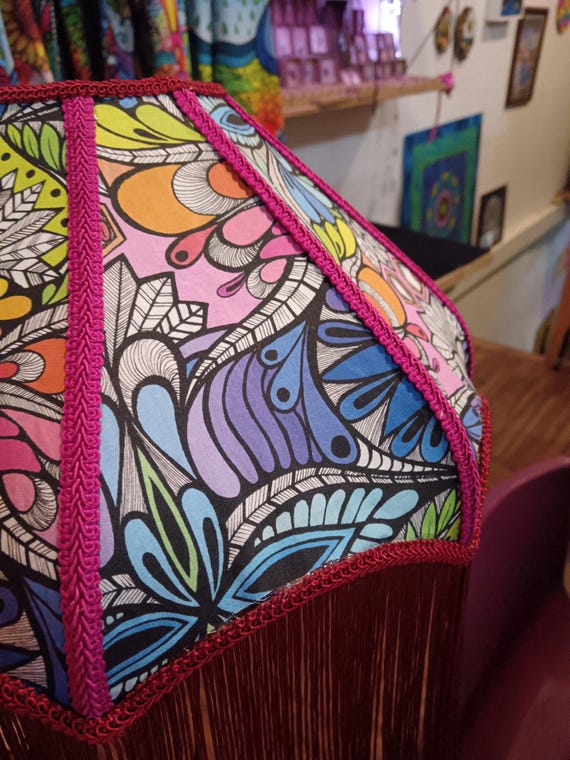 Sophie nina lampshade with tassles. Rainbow pastel psychedelic colour home.