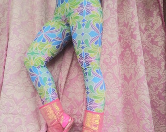 High waisted leggings, eco recycled lycra, pastel print festival boho hippie yoga