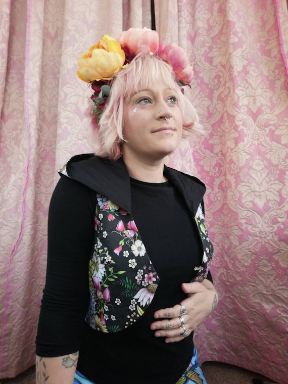 Organic black floral botanical waistcoat/bolero with hood. Festival, rave hippie